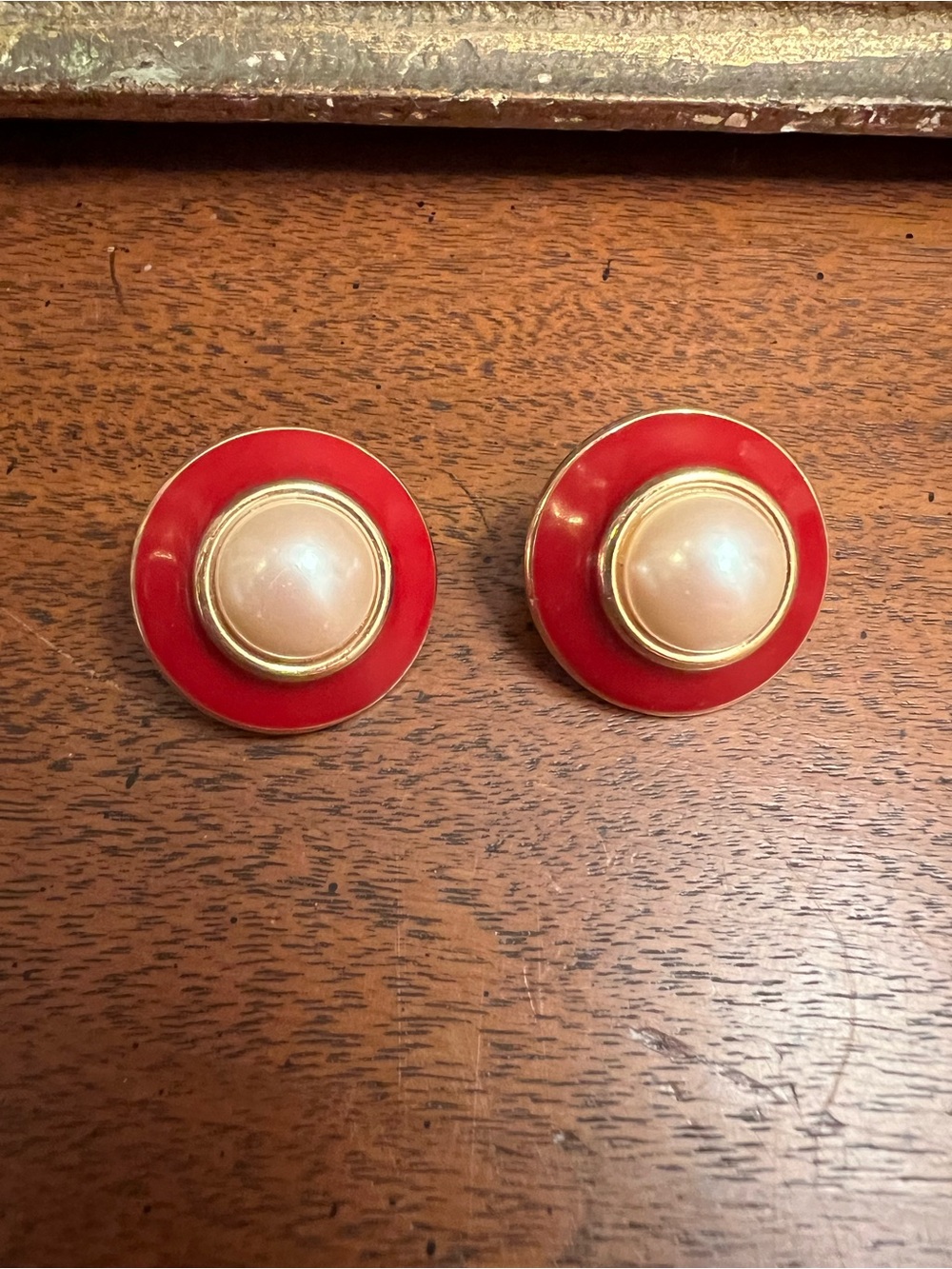 Vintage Monet Round Red Enamel Clip-On Earrings with Faux Pearl